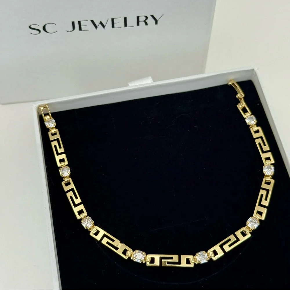 14k Gold Plated Greek Key Meander Bracelet with Cubic Zirconia Stones